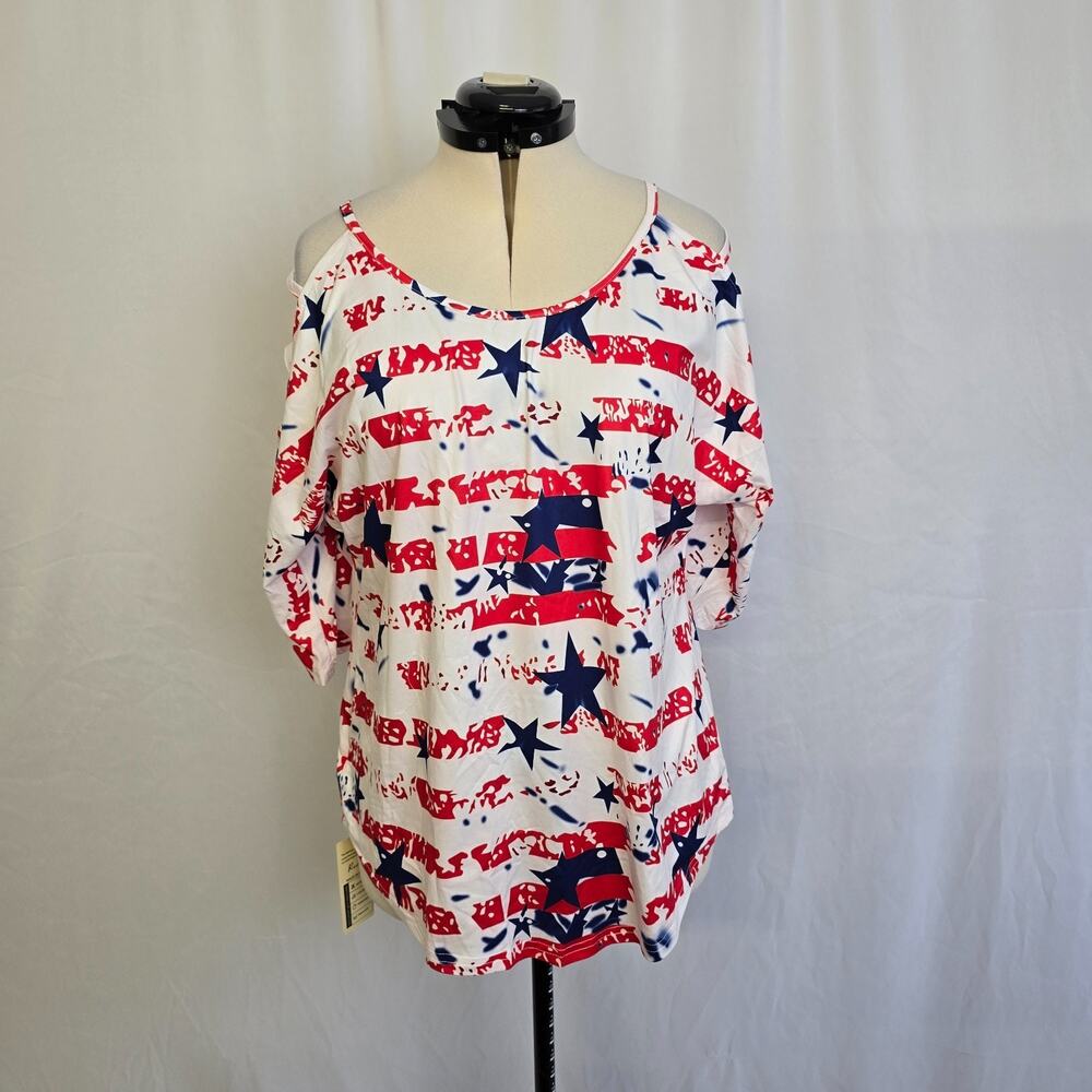 Roshop Cold Shoulder Blouse Women's L Red White Blue Patriotic 3/4 Sleeve NWT